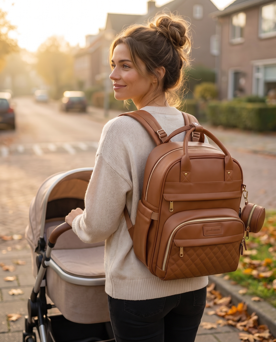 Ayviora Lune Bag Cognac - gedragen door moeder onderweg