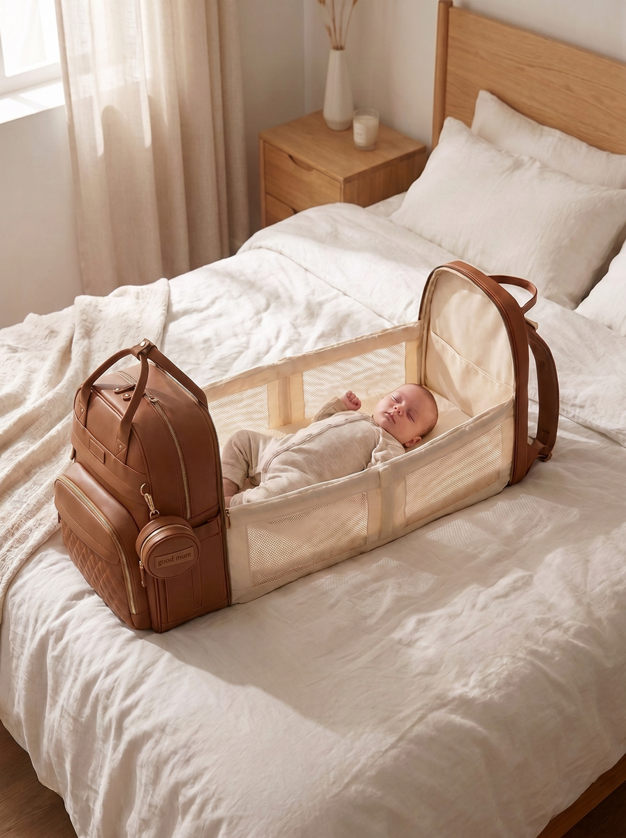 Ayviora Lune Bag Cognac - baby op het verschoonstation