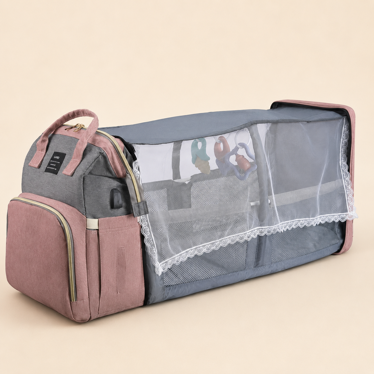 Ayviora Nest Bag Blush - uitgevouwen als babybedje, 3/4 hoek